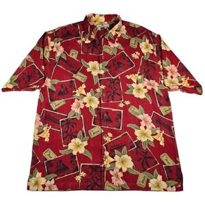 TOMMY BAHAMA Red Floral Relax Ticket Print 100% Silk Hawaiian Camp Shirt Men's L
